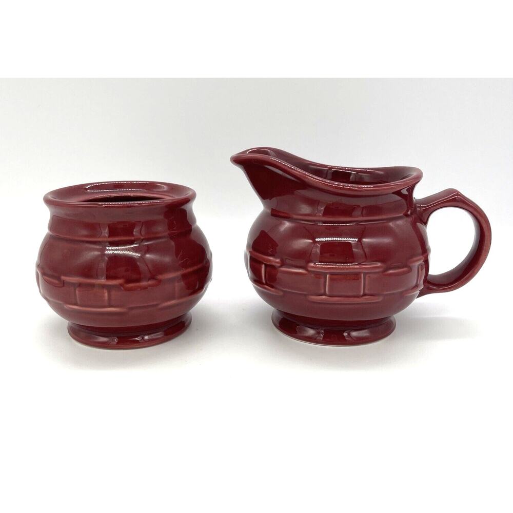 LONGABERGER POTTERY CREAM & SUGAR Set PAPRIKA RED Basket Weave USA *Missing Lid